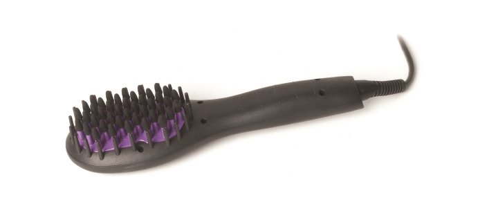Brosse chauffante Mini Magic, manche noir, base violette et poils en silicone